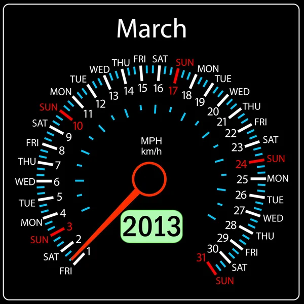 2013 jaar kalender snelheidsmeter auto in vector. maart. — Stockvector