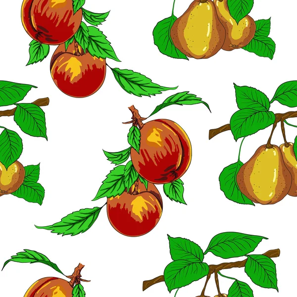 Naadloos behang met perziken en peren. — Stockvector