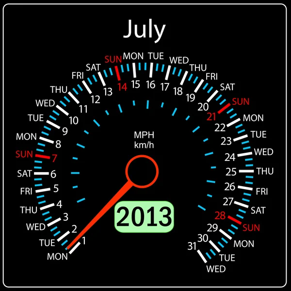 2013 año calendario velocímetro coche en vector. Julio . — Archivo Imágenes Vectoriales