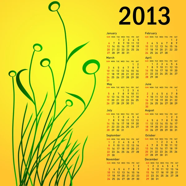 Calendario elegante con fiori per il 2013. La settimana inizia la domenica . — Vettoriale Stock