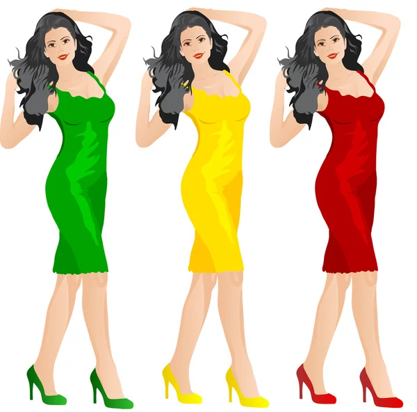 Krásná žena v červené, žluté a zelené šaty — Stockový vektor