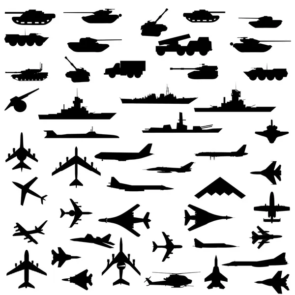 Vector set of aircraft, armored ships and guns. — Stock Vector