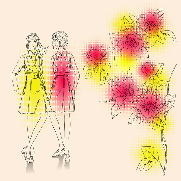 Filles de mode sur un fond floral — Image vectorielle