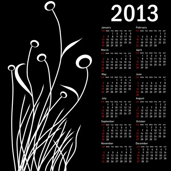 Stylish calendar with flowers for 2013. Week starts on Sunday. — Stock Vector