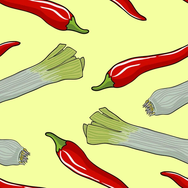 Patrón de verduras sin costura puerro y pimiento rojo — Vector de stock