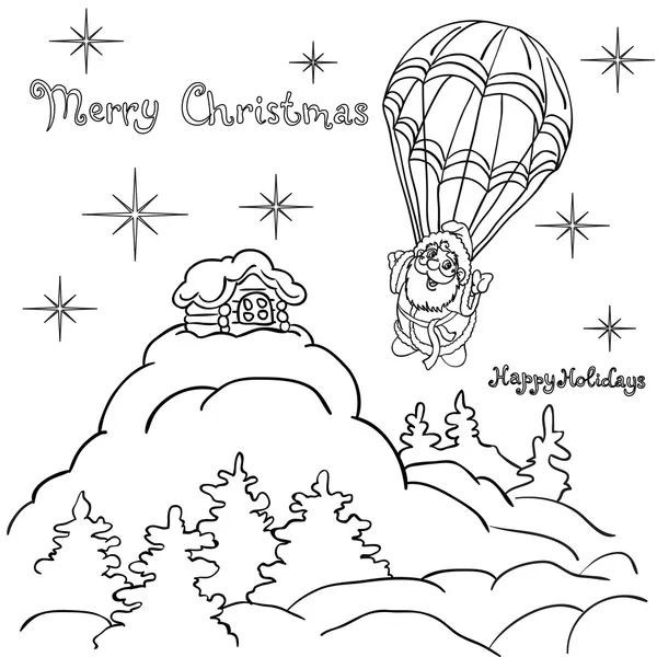 Cheerful Santa Claus goes down from the sky on a parachute. — Stock Vector