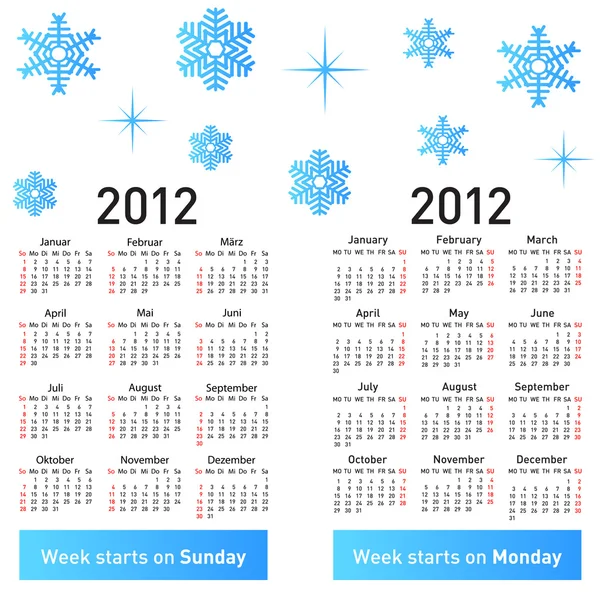 Stylish German calendar with snowflakes for 2012. — Stock Vector