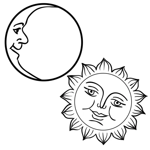 Vector illustration of Moon and Sun with faces — Stock Vector