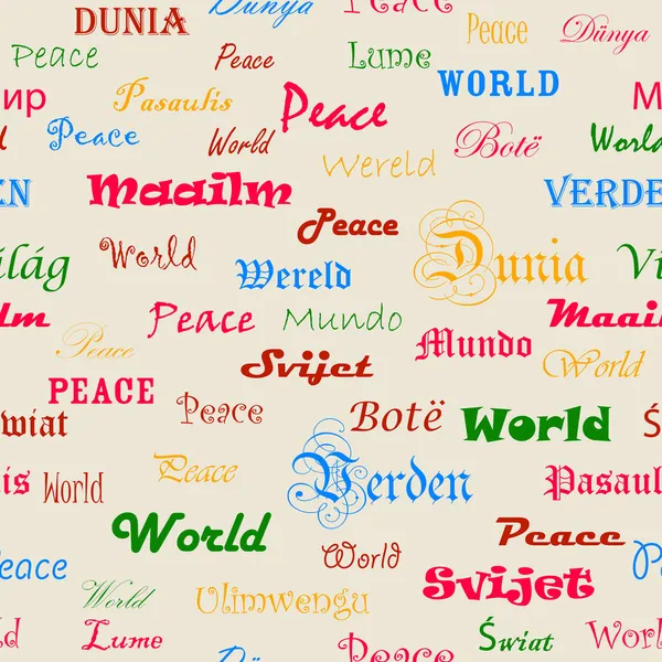 Peace . Seamless wallpaper with the word peace in different lang — Stock Vector