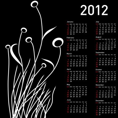 2012 için çiçekli şık takvim. Hafta pazar günü başlıyor..