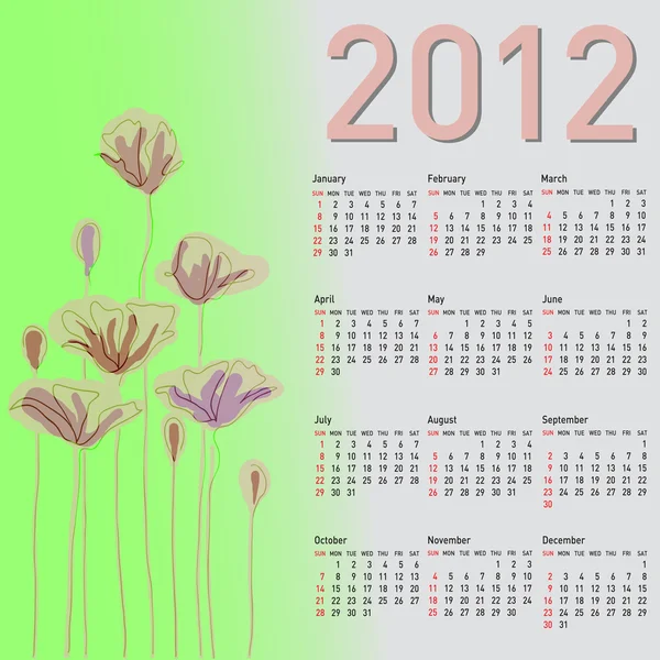 Stylish calendar with flowers for 2012. Week starts on Sunday. — Stock Vector