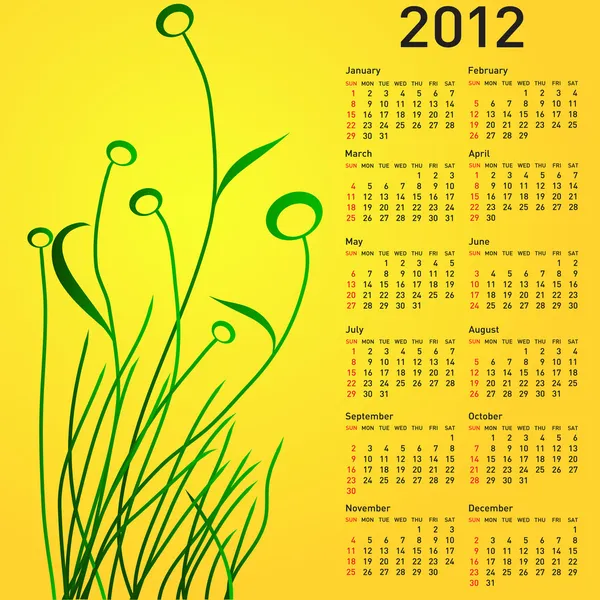 Snygg kalender med blommor för 2012. Veckan börjar på söndag. — Stock vektor