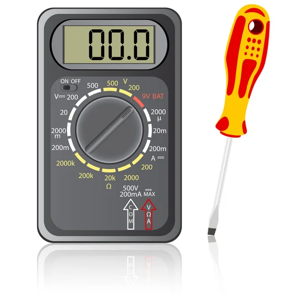 Multimeter schwarzer Farbe und Schraubenzieher — Stockvektor