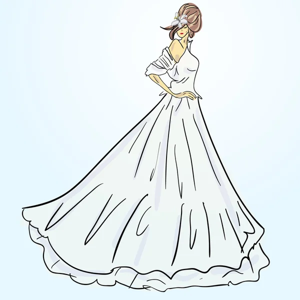 Novia en vestido de novia blanco con ramo — Vector de stock