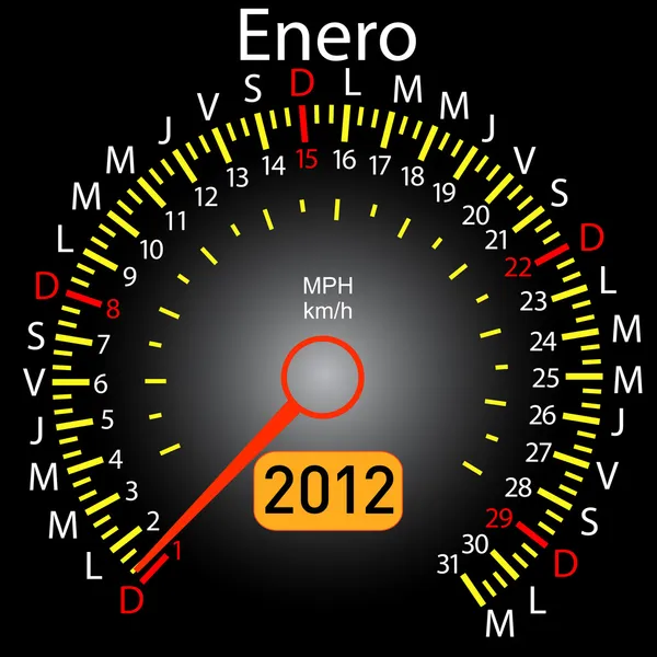 2012 jaar kalender snelheidsmeter auto in het Spaans. januari — Stockvector