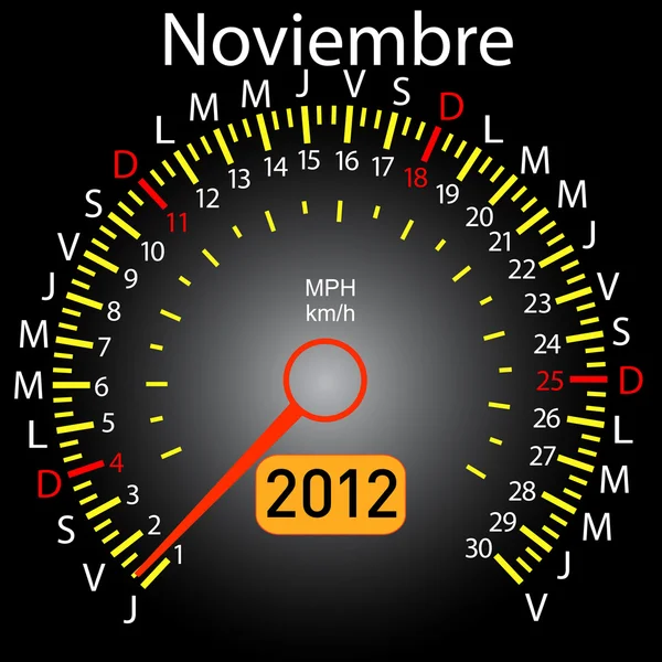 2012 jaar kalender snelheidsmeter auto in het Spaans. november — Stockvector