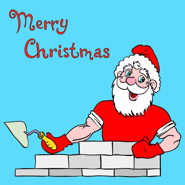 Santa Claus muscular construye una casa de ladrillo. — Vector de stock