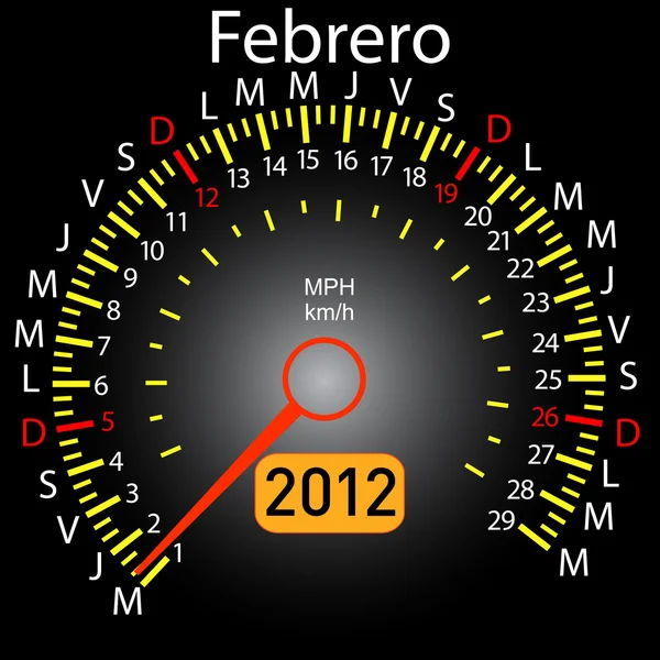 2012 anno calendario tachimetro auto in spagnolo. Febbraio — Vettoriale Stock