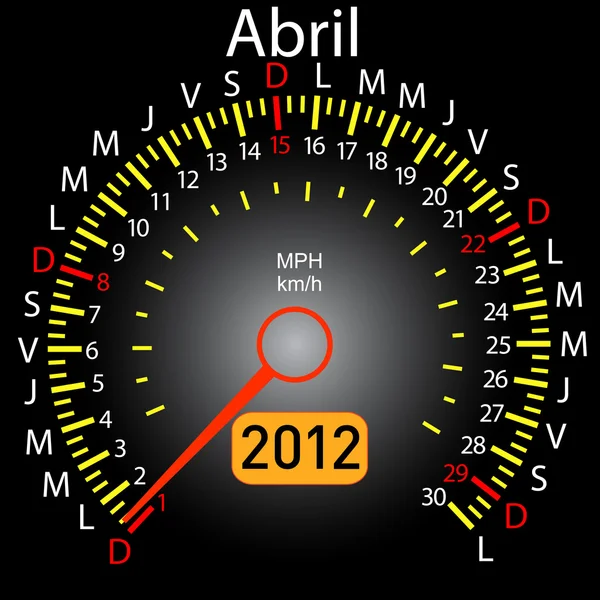 2012 rok kalendáře otáčkoměr auto ve španělštině. duben — Stockový vektor