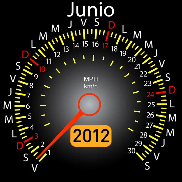 2012 jaar kalender snelheidsmeter auto in het Spaans. juni — Stockvector