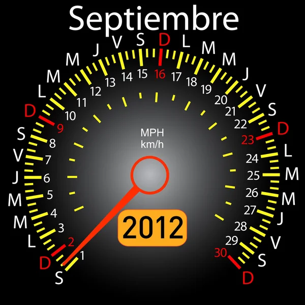 2012 anno calendario tachimetro auto in spagnolo. Settembre. — Vettoriale Stock