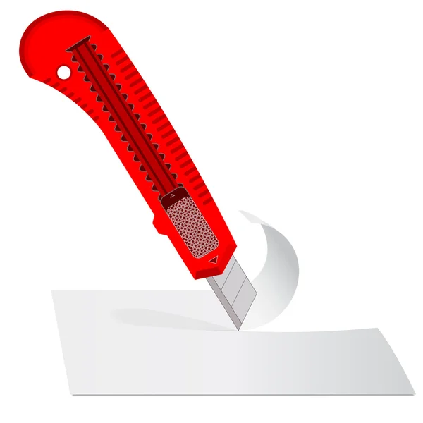 Cuchillo de plástico para cortar la hoja de papel de papel blanco . — Vector de stock