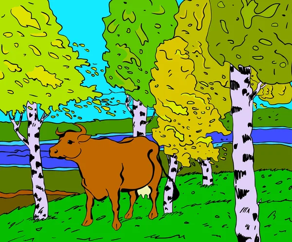 Outono paisagem ensolarada com floresta rio e vaca - vetor illust —  Vetores de Stock