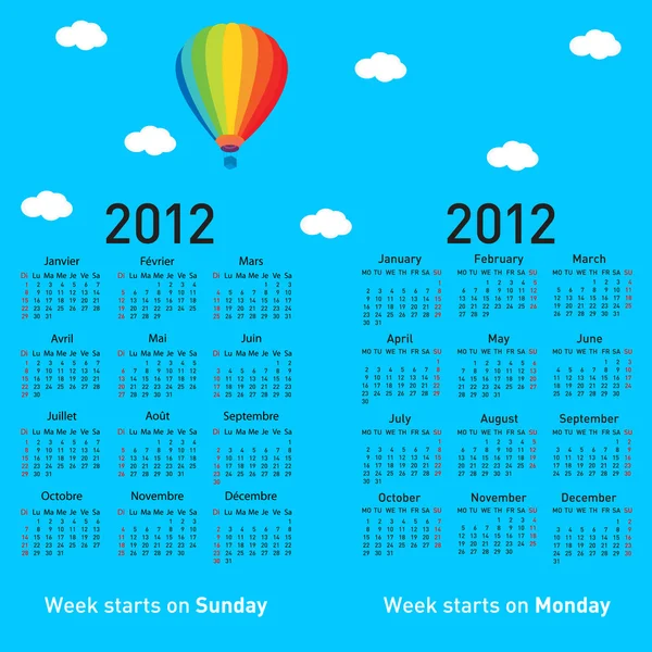 Stylish French calendar with balloon and clouds for 2012. — Stok Vektör