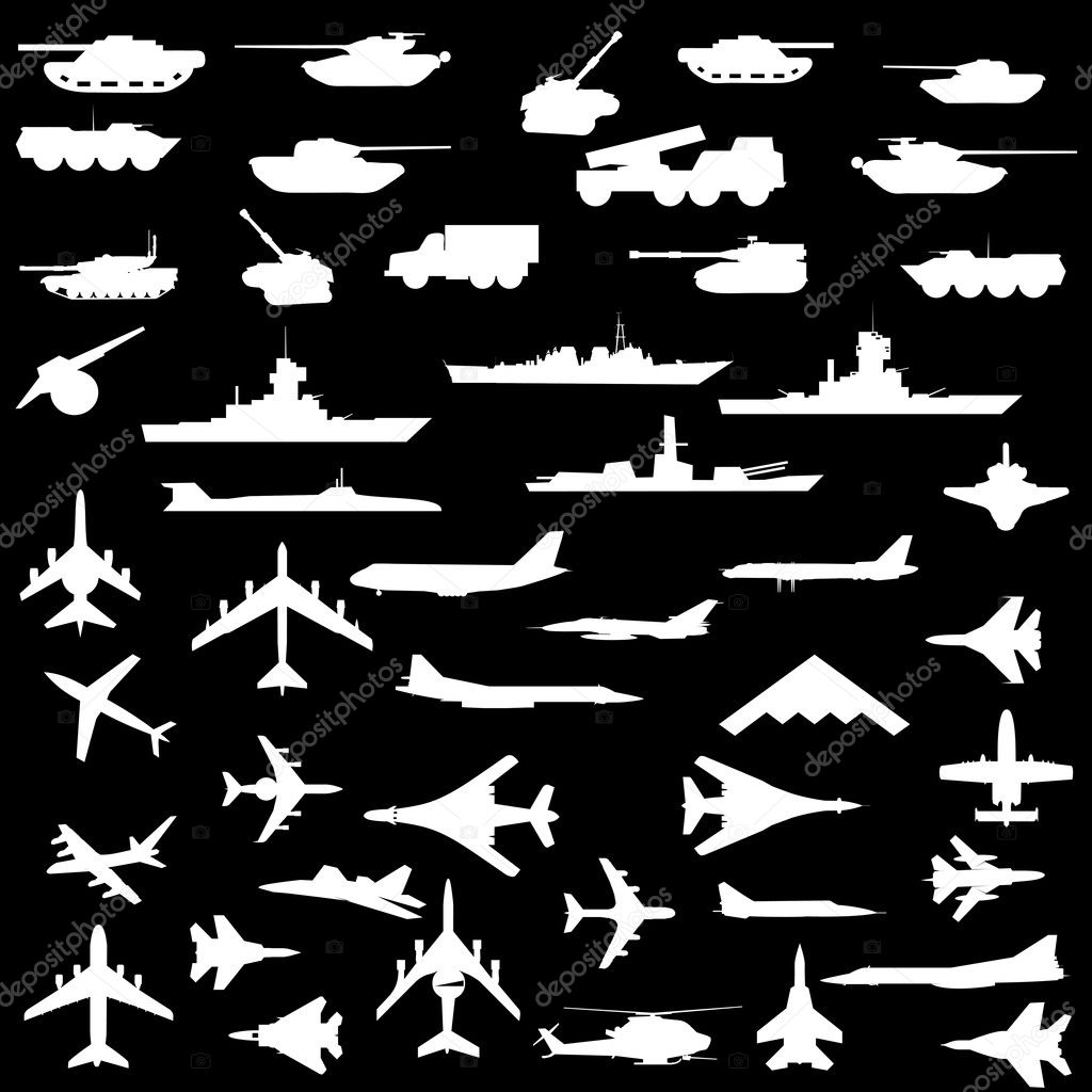 Vector set of aircraft, armored ships and guns.