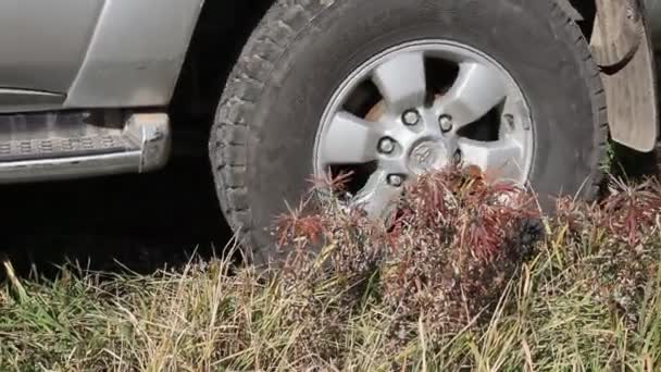 Крайне бездорожье за неузнаваемой машиной в траве и грязи — стоковое видео