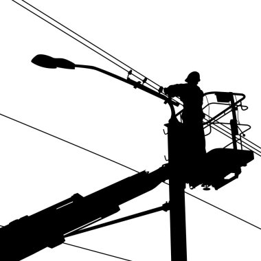Elektrik teknisyeni, elektrik direğinde tamirat yapıyor. Vektör illüstrasyonu