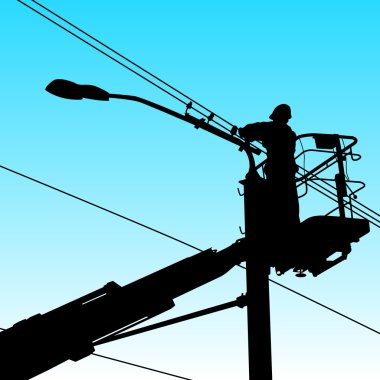 Electrician, making repairs at a power pole. Vector illustration clipart