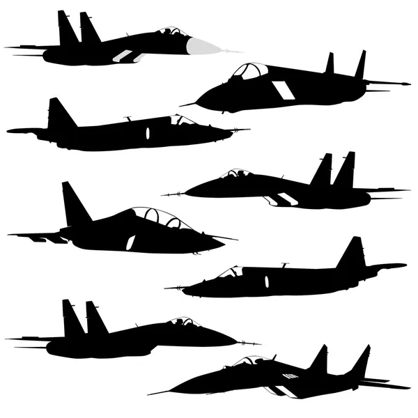 Collection of different combat aircraft silhouettes. vector ill — Stock Vector