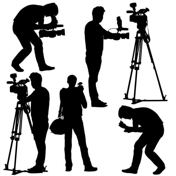 Cameraman with video camera. Silhouettes on white background. Ve — Stock Vector