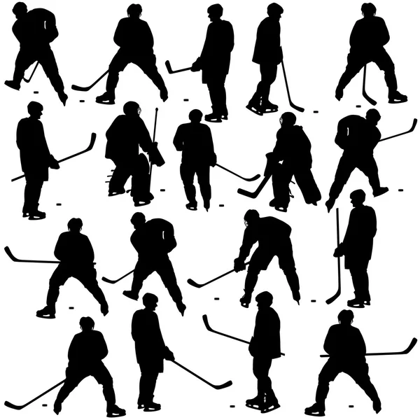 Conjunto de siluetas de jugador de hockey. Aislado sobre blanco. Vector — Archivo Imágenes Vectoriales