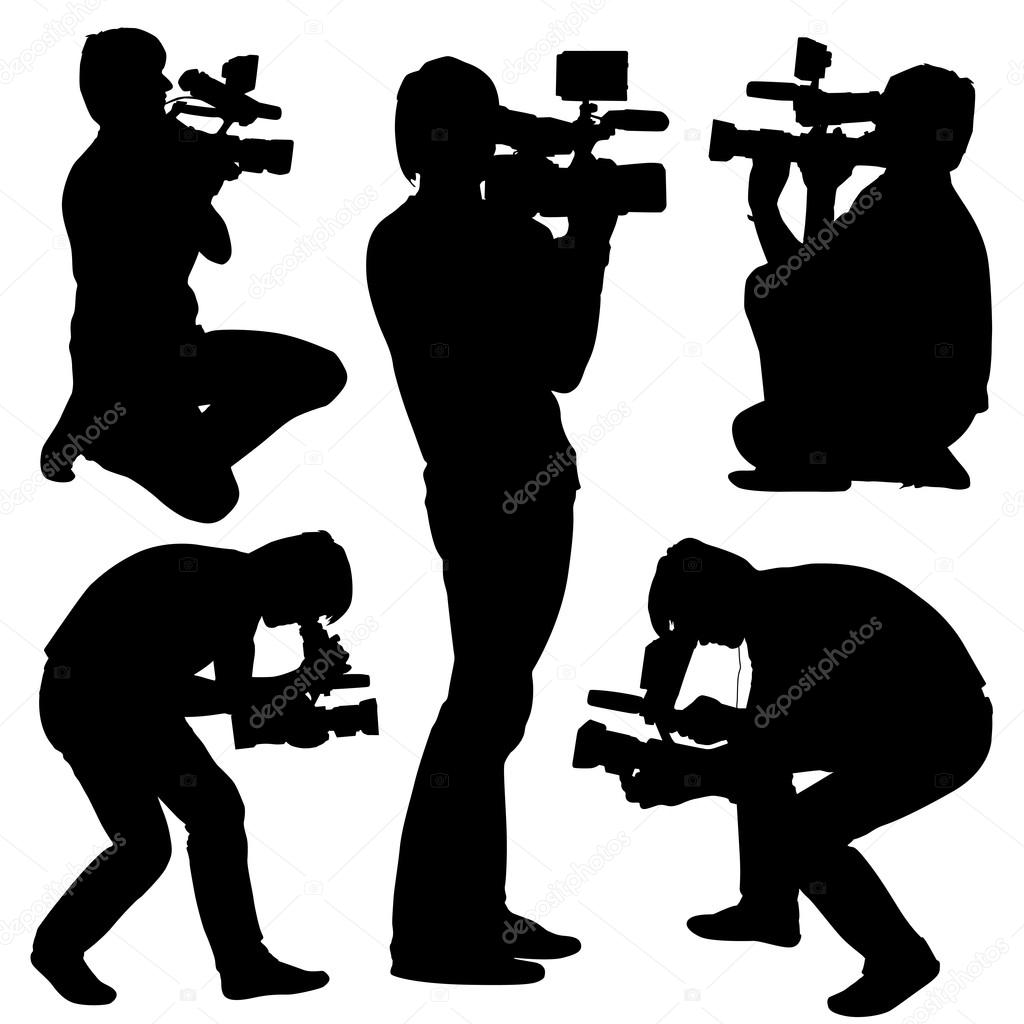 Cameraman with video camera. Silhouettes on white background. Ve