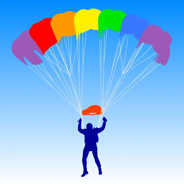Paracaidista, siluetas un arco iris paracaidismo vector ilustración — Vector de stock