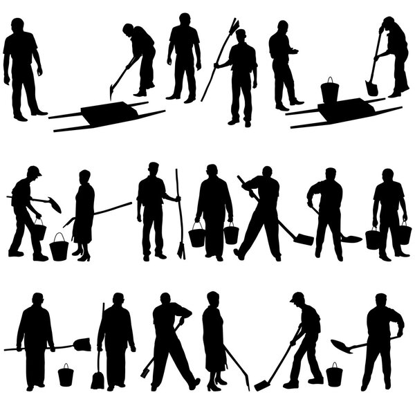 Set of black silhouettes of men and women with shovels and bucke