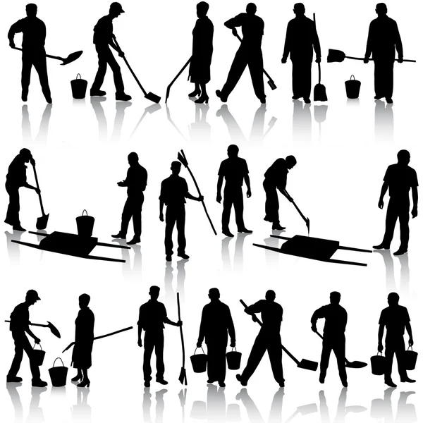 Set of black silhouettes of men and women with shovels and bucke — Stock Vector