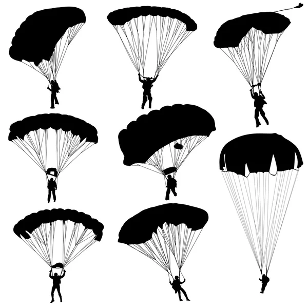 Set skydiver, silhouette paracadutismo vettoriale illustrazione — Vettoriale Stock