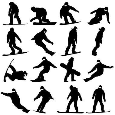 siyah siluetler snowboard beyaz arka plan üzerinde ayarlayın. Ben vektör