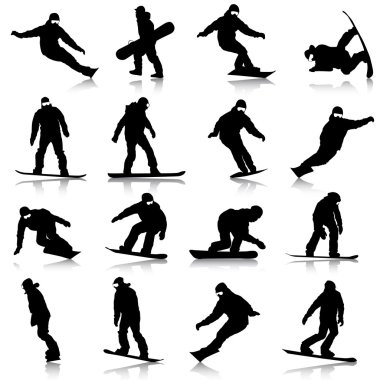 siyah siluetler snowboard beyaz arka plan üzerinde ayarlayın. Ben vektör