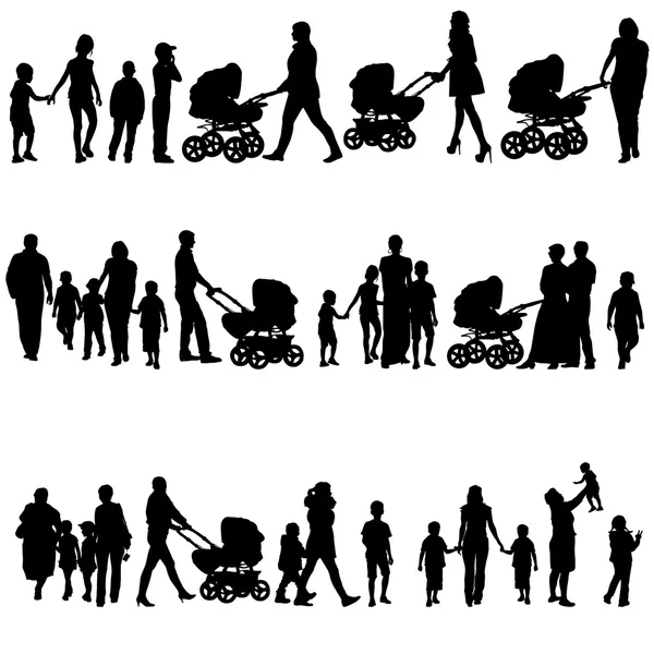 Black set of silhouettes of parents and children on white backgr — Stock Vector