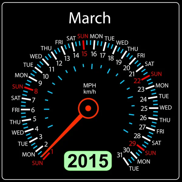 2015 jaar kalender snelheidsmeter auto in vector. maart. — Stockvector