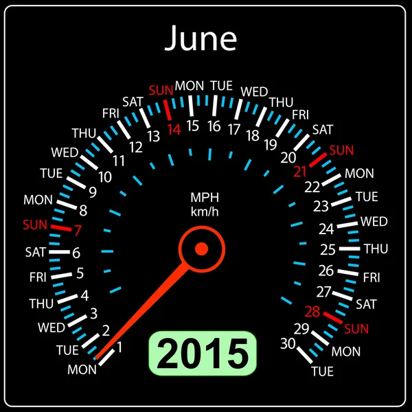 2015 jaar kalender snelheidsmeter auto in vector. juni. — Stockvector