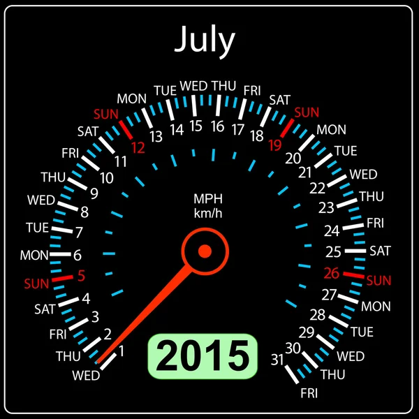 2015 année calendrier compteur de vitesse voiture dans le vecteur. Juillet . — Image vectorielle