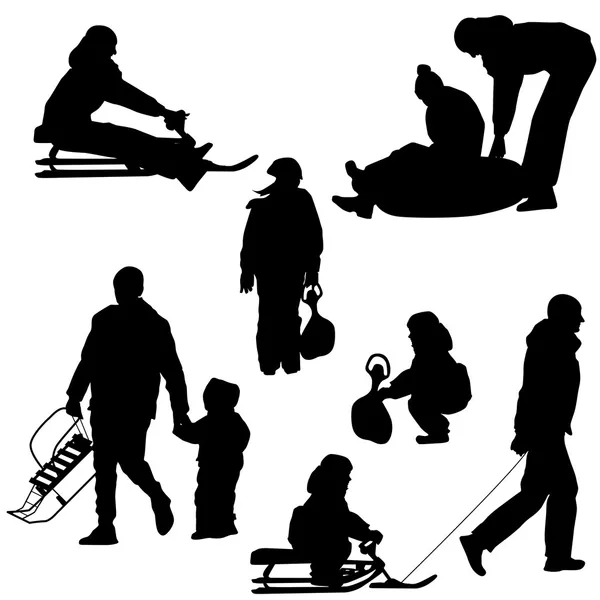 Black silhouettes set people and children with a sled white back — Stock Vector