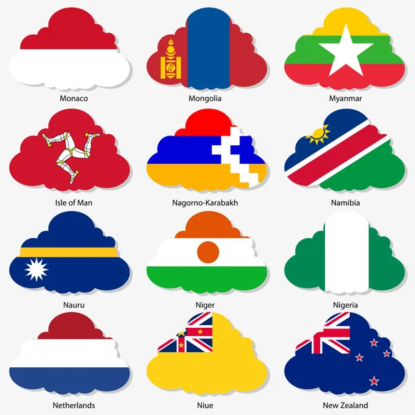 Placez les drapeaux des États souverains du monde dans des nuages de forme. Vecteur il — Image vectorielle