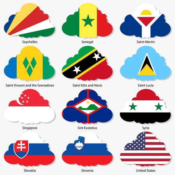Placez les drapeaux des États souverains du monde dans des nuages de forme. Vecteur il — Image vectorielle
