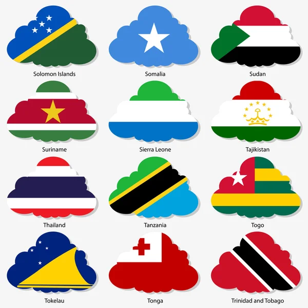 Placez les drapeaux des États souverains du monde dans des nuages de forme. Vecteur il — Image vectorielle